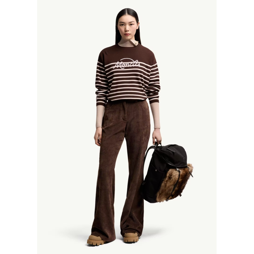 Pull MONCLER en laine vierge marron rayures marinière rose logo