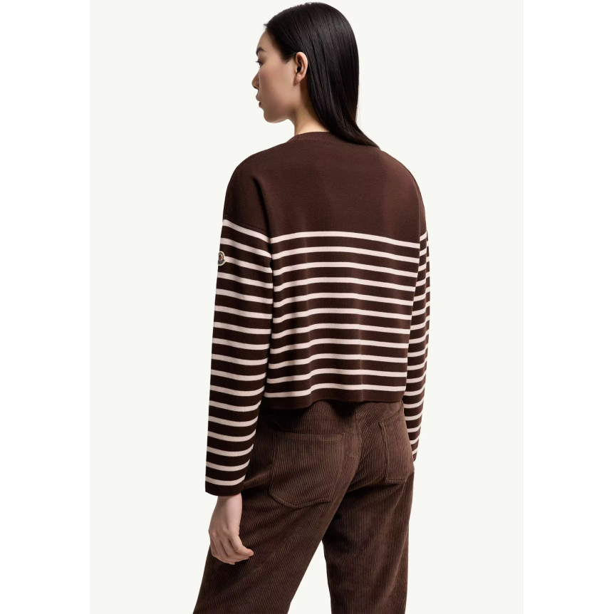 Pull MONCLER en laine vierge marron rayures marinière rose logo