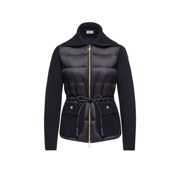 Cardigan zippé matelassé MONCLER en laine et cachemire mélangés bleu marine