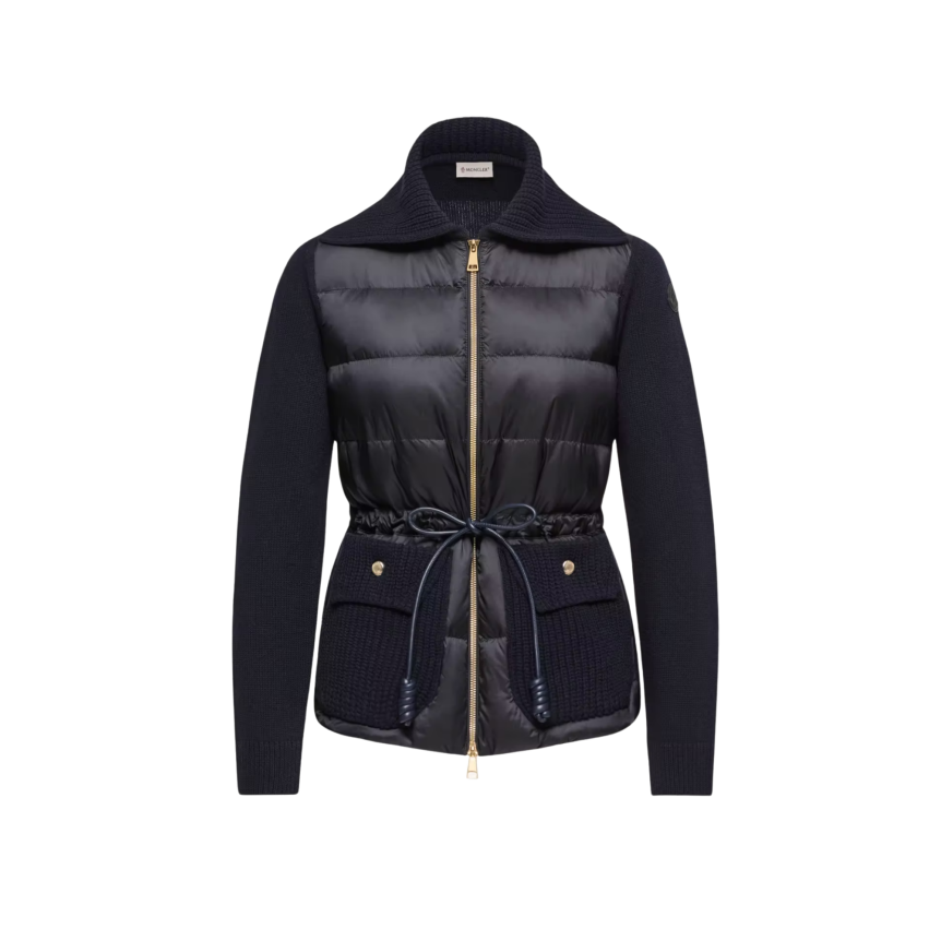 Cardigan zippé matelassé MONCLER en laine et cachemire mélangés bleu marine