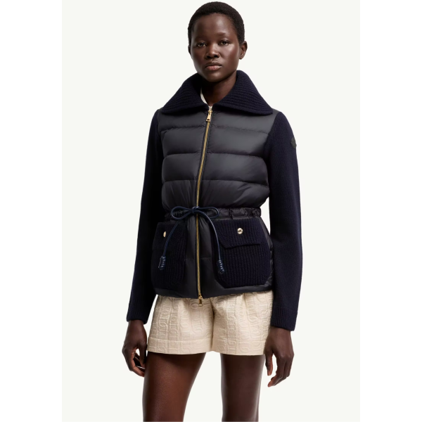 Cardigan zippé matelassé MONCLER en laine et cachemire mélangés bleu marine