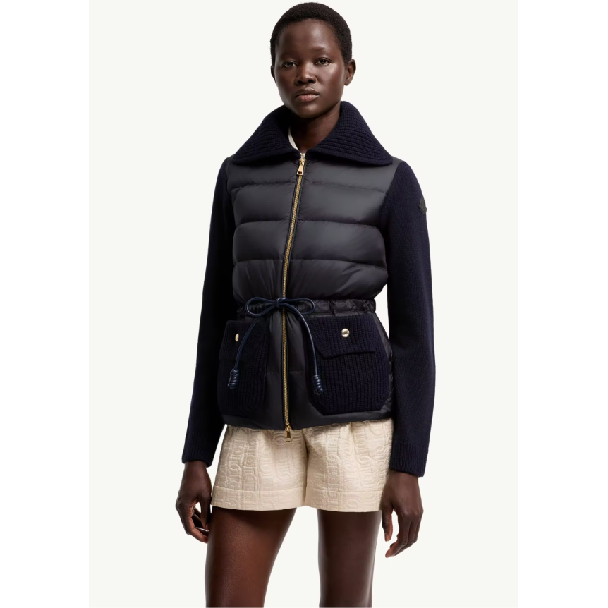 Cardigan zippé matelassé MONCLER en laine et cachemire mélangés bleu marine