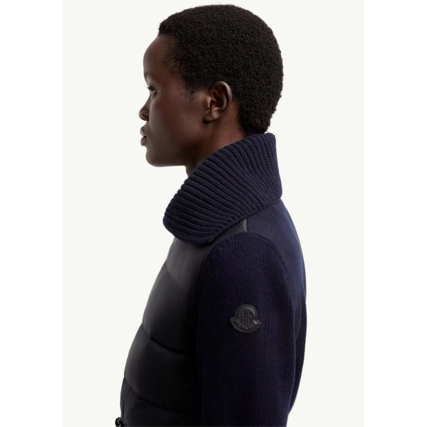 Cardigan zippé matelassé MONCLER en laine et cachemire mélangés bleu marine