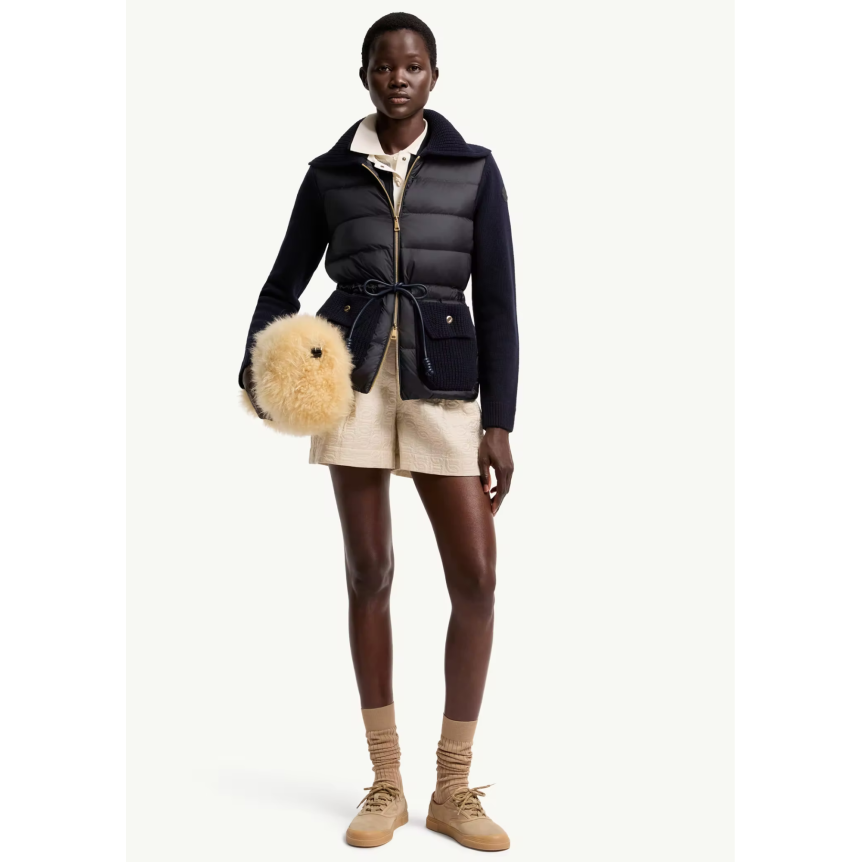 Cardigan zippé matelassé MONCLER en laine et cachemire mélangés bleu marine