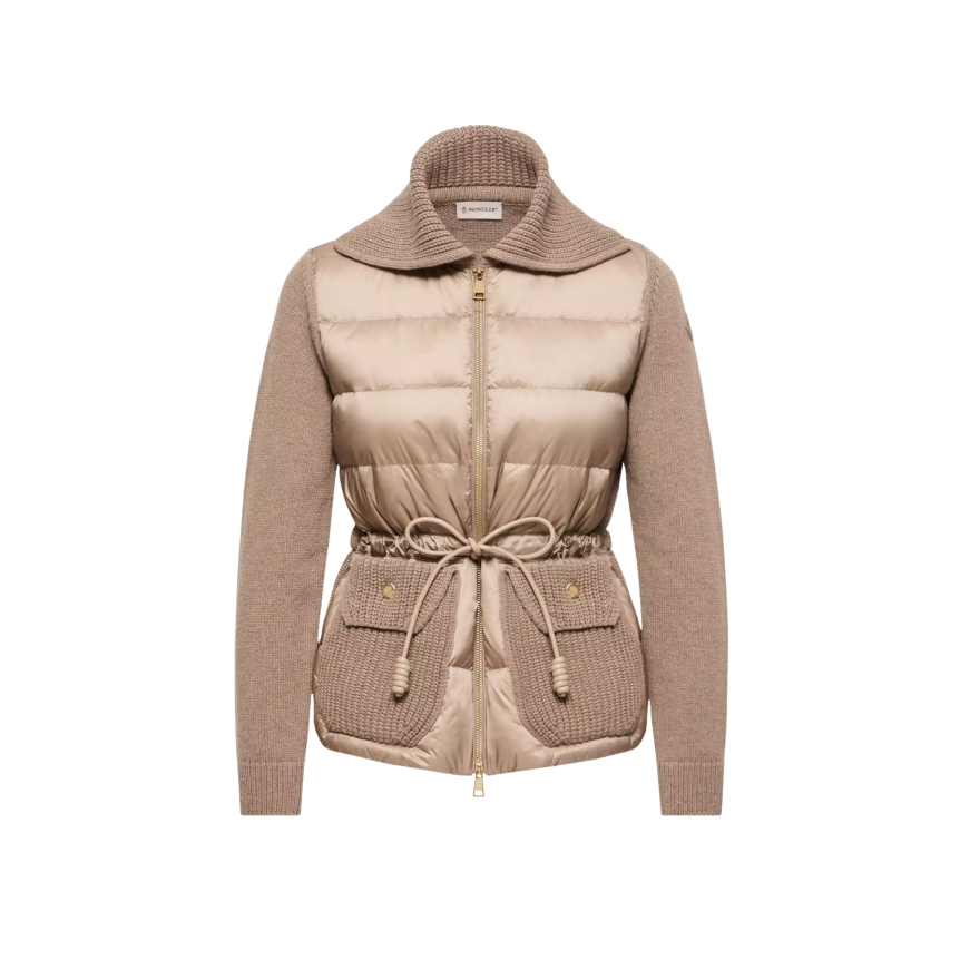 Cardigan zippé matelassé MONCLER en laine et cachemire mélangés marron taupe