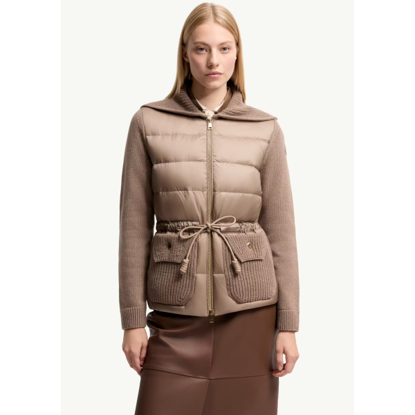 Cardigan zippé matelassé MONCLER en laine et cachemire mélangés marron taupe