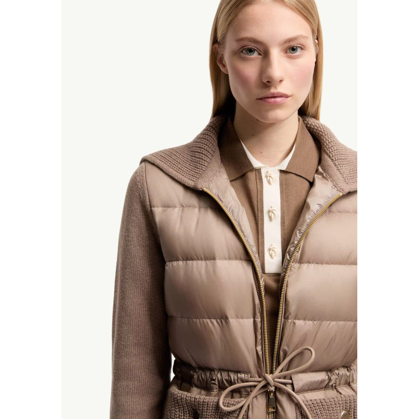 Cardigan zippé matelassé MONCLER en laine et cachemire mélangés marron taupe