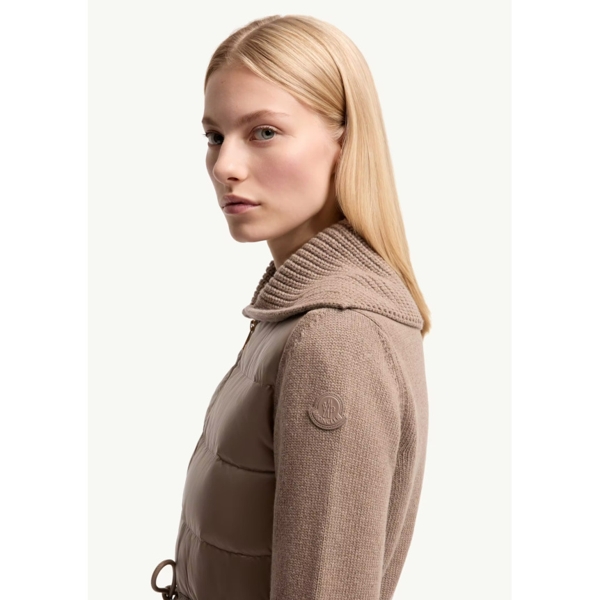Cardigan zippé matelassé MONCLER en laine et cachemire mélangés marron taupe