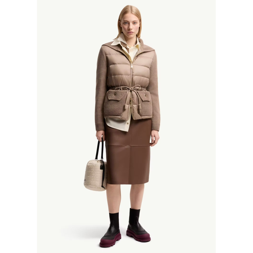 Cardigan zippé matelassé MONCLER en laine et cachemire mélangés marron taupe