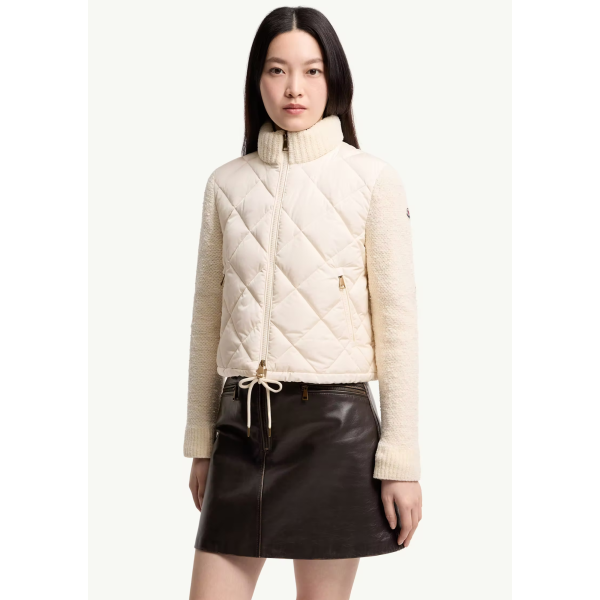 Cardigan matelassé losange zippé MONCLER en coton mélangé écru bouclette manche col