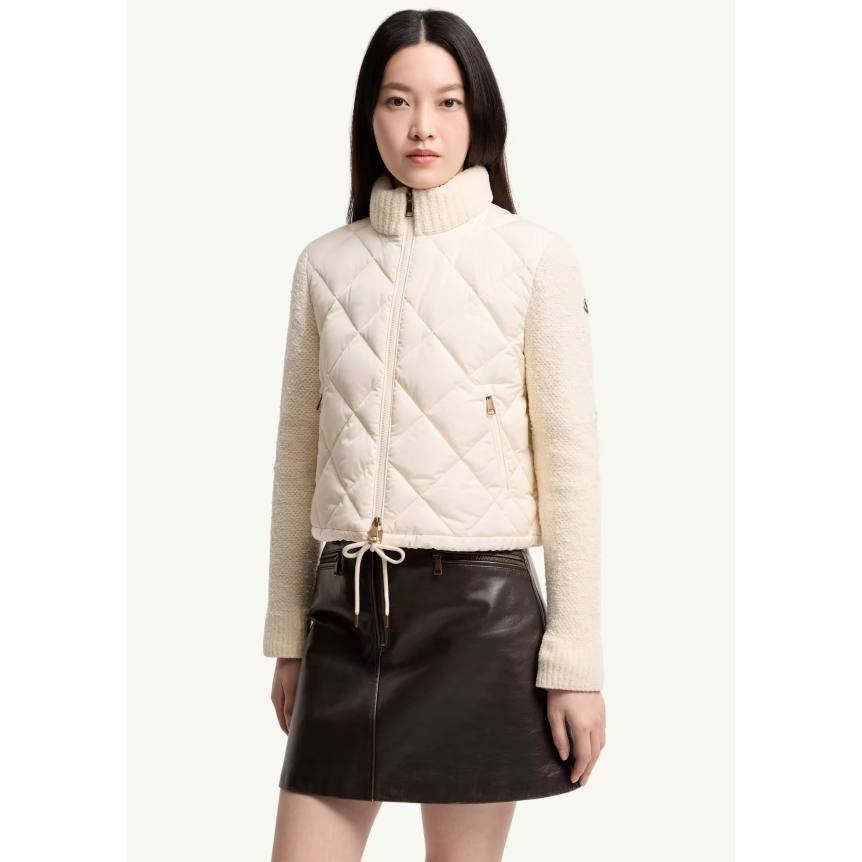 Cardigan matelassé losange zippé MONCLER en coton mélangé écru bouclette manche col
