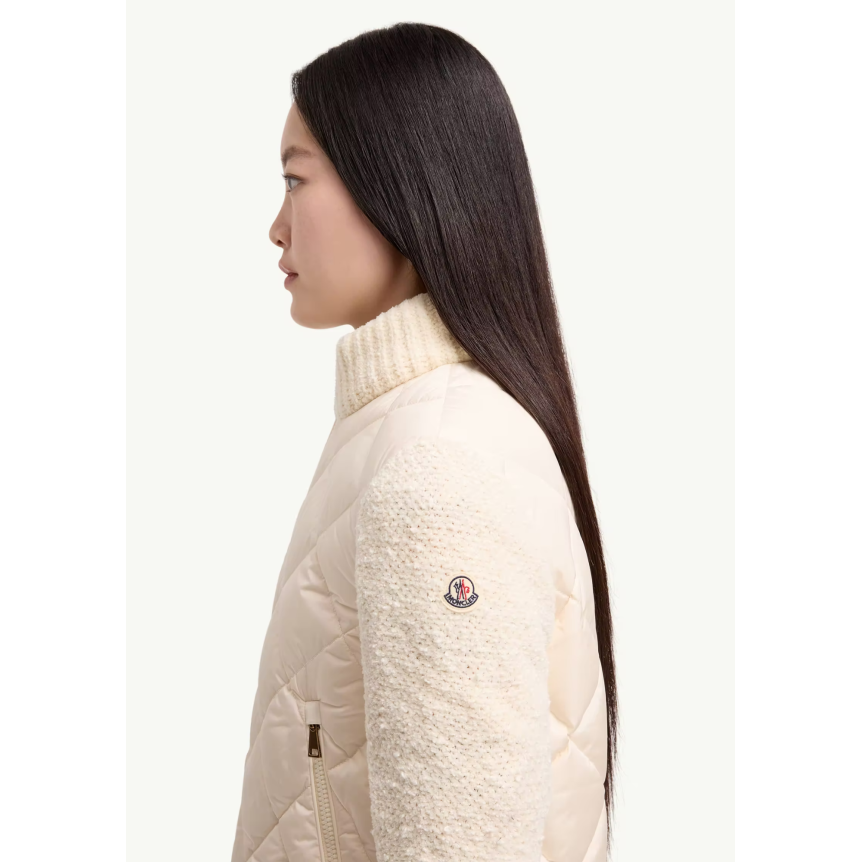 Cardigan matelassé losange zippé MONCLER en coton mélangé écru bouclette manche col