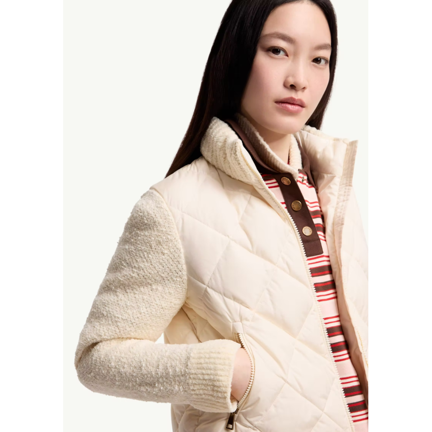 Cardigan matelassé losange zippé MONCLER en coton mélangé écru bouclette manche col