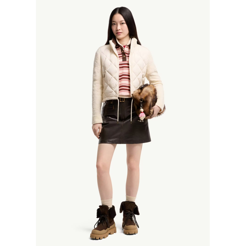 Cardigan matelassé losange zippé MONCLER en coton mélangé écru bouclette manche col