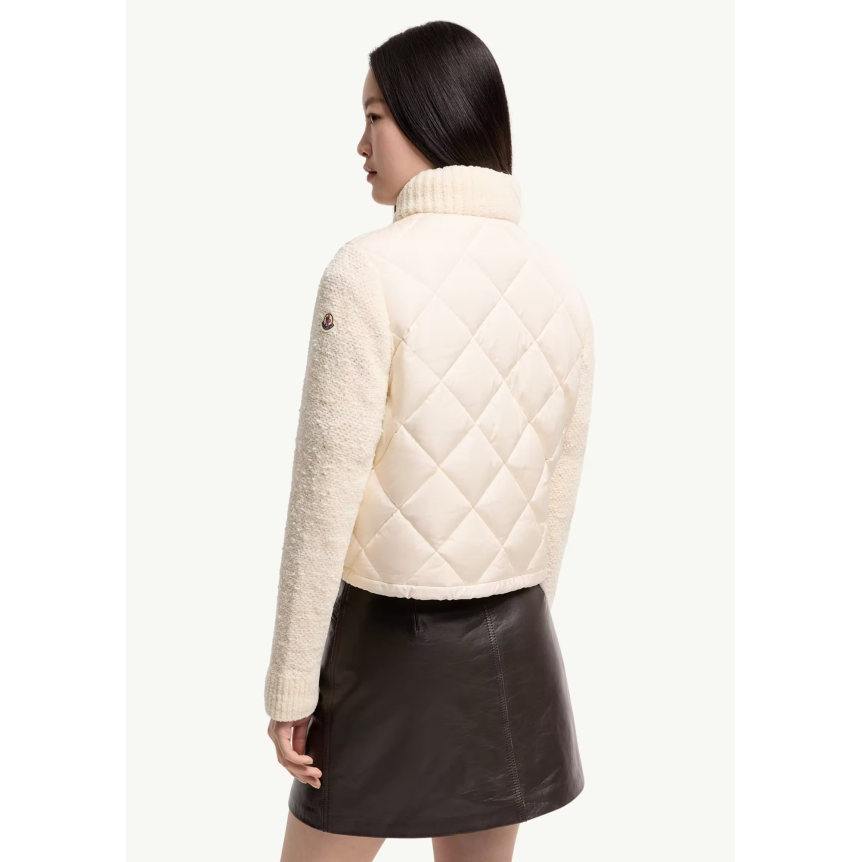 Cardigan matelassé losange zippé MONCLER en coton mélangé écru bouclette manche col