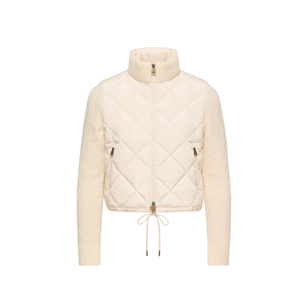 Cardigan matelassé losange zippé MONCLER en coton mélangé écru bouclette manche col