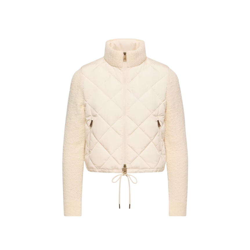 Cardigan matelassé losange zippé MONCLER en coton mélangé écru bouclette manche col