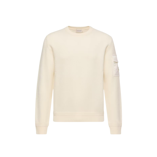 Pull col rond MONCLER laine vierge écru poche manche nylon