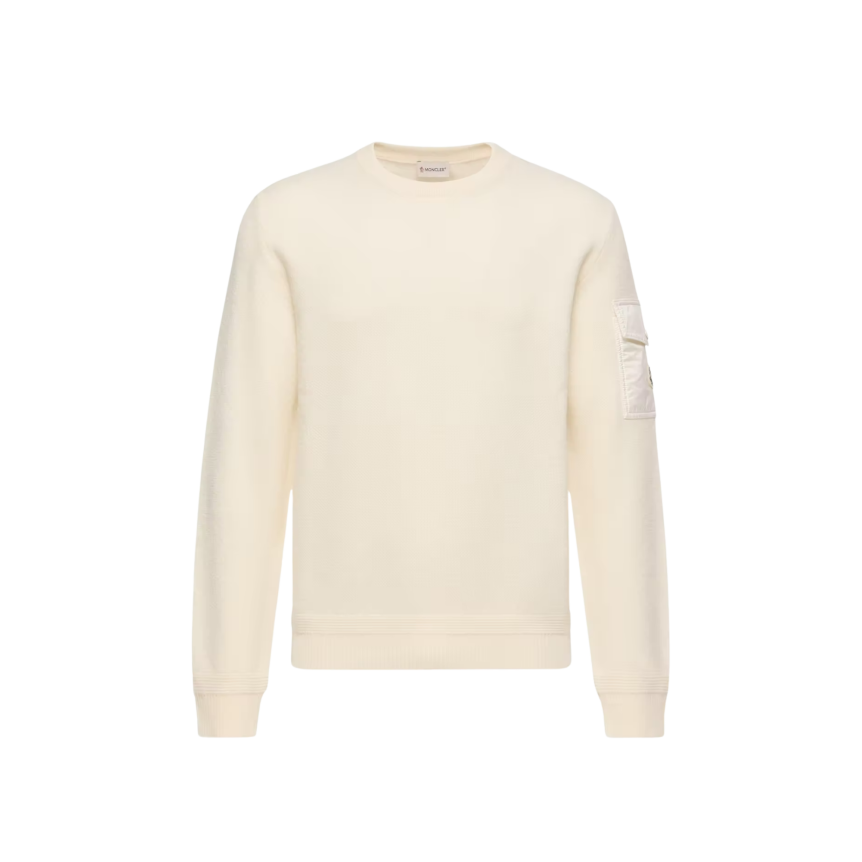 Pull col rond MONCLER laine vierge écru poche manche nylon