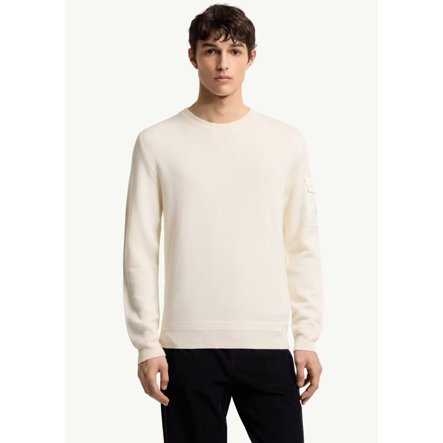 Pull col rond MONCLER laine vierge écru poche manche nylon