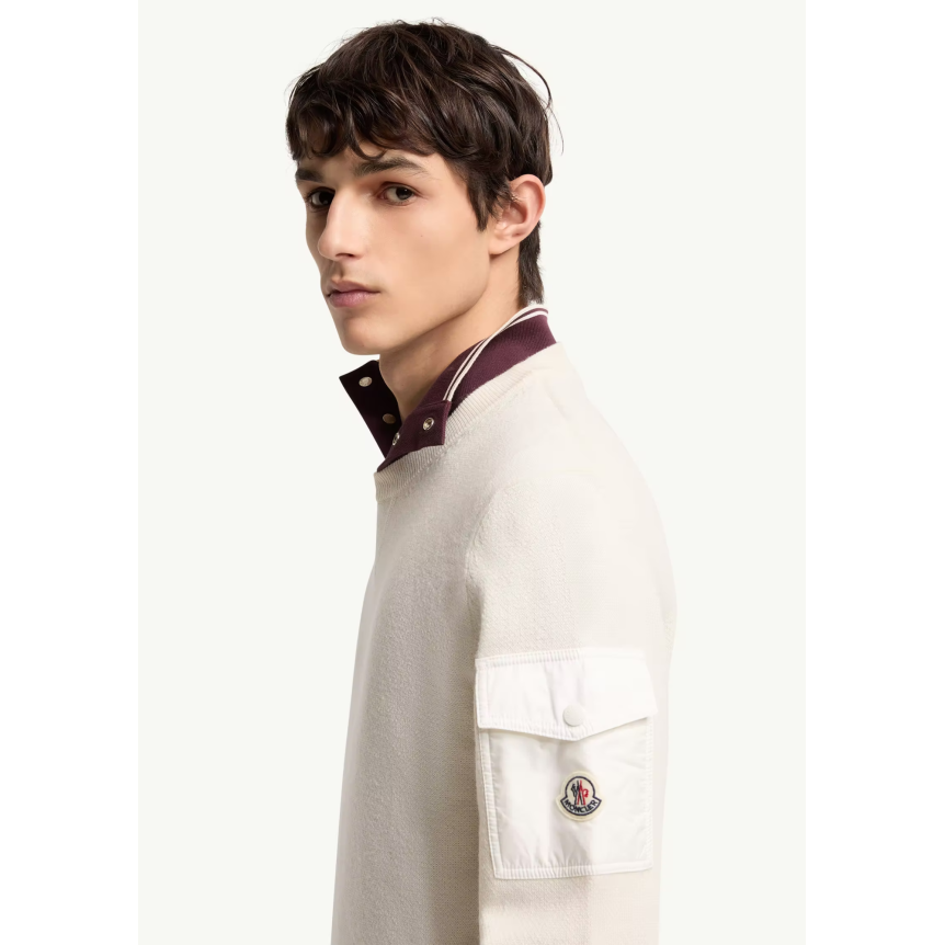 Pull col rond MONCLER laine vierge écru poche manche nylon