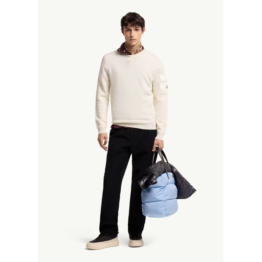 Pull col rond MONCLER laine vierge écru poche manche nylon