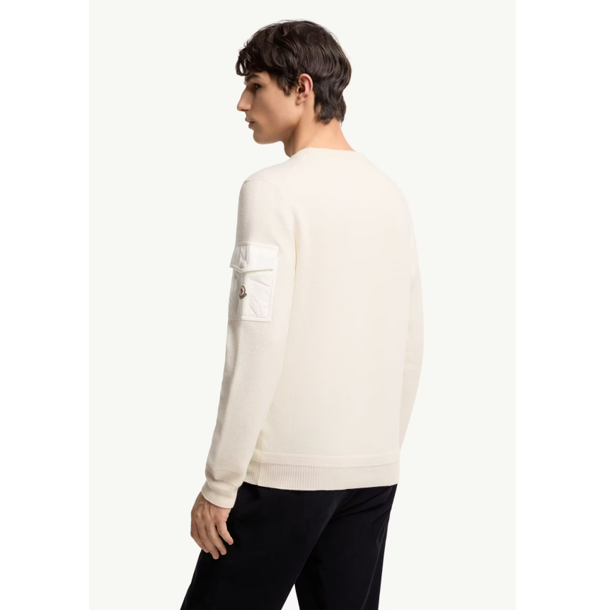 Pull col rond MONCLER laine vierge écru poche manche nylon