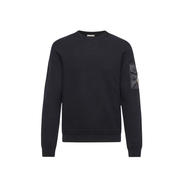 Pull col rond MONCLER  laine vierge bleu marine poche manche nylon