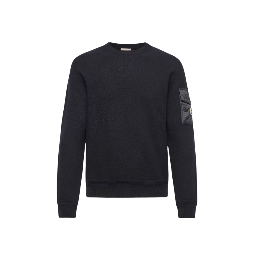 Pull col rond MONCLER  laine vierge bleu marine poche manche nylon