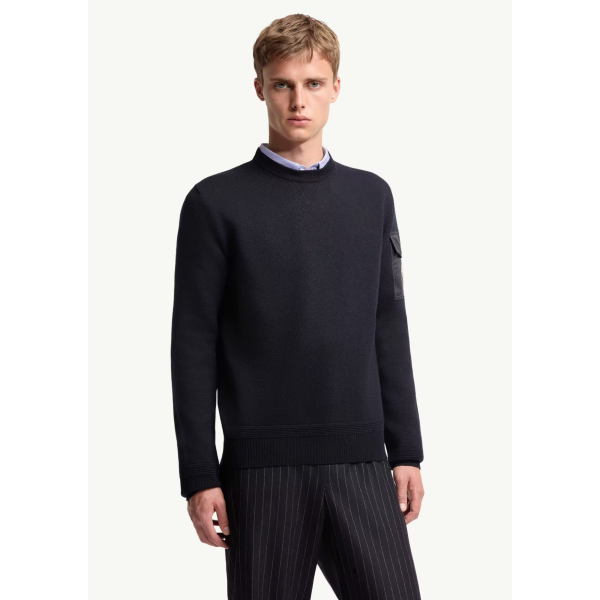 Pull col rond MONCLER  laine vierge bleu marine poche manche nylon