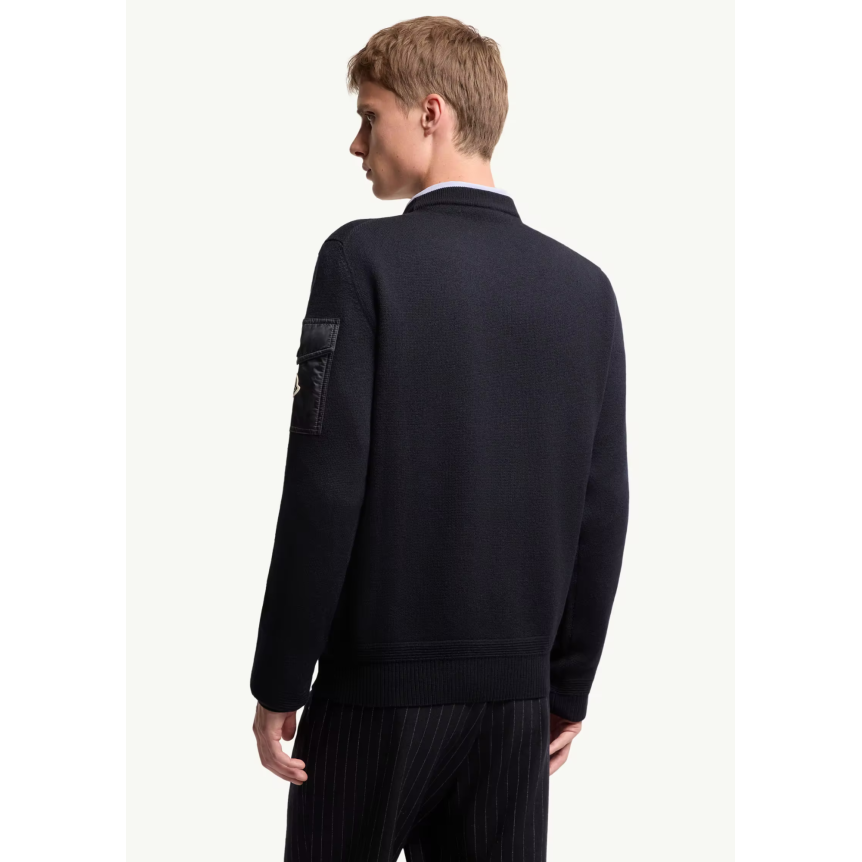 Pull col rond MONCLER  laine vierge bleu marine poche manche nylon