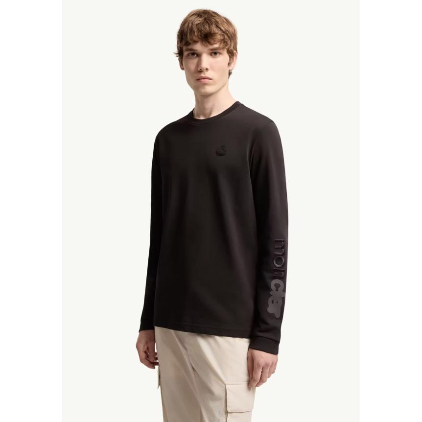 T-shirt à manche longue MONCLER en jersey de coton noir logo gomme black mat