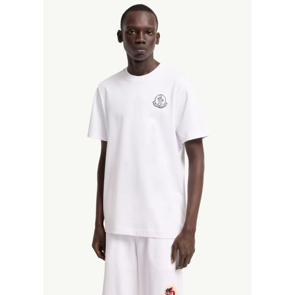 T-shirt col rond MONCLER en jersey de coton blanc à empiècement logo noir