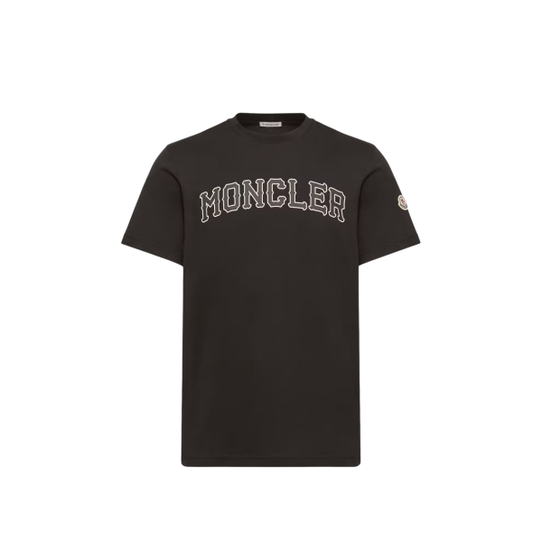 T-shirt col rond MONCLER en coton noir broderie logo écru