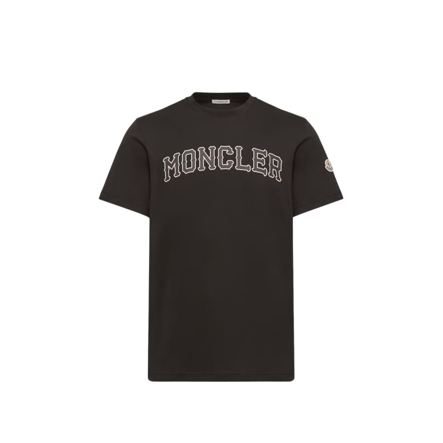 T-shirt col rond MONCLER en coton noir broderie logo écru