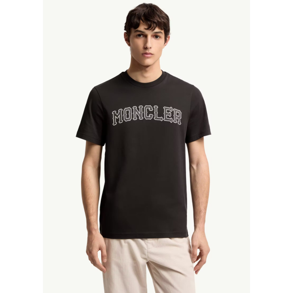 T-shirt col rond MONCLER en coton noir broderie logo écru