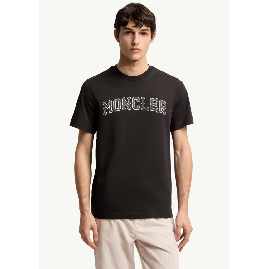T-shirt col rond MONCLER en coton noir broderie logo écru