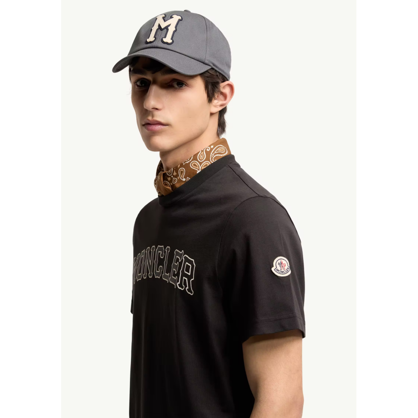 T-shirt col rond MONCLER en coton noir broderie logo écru