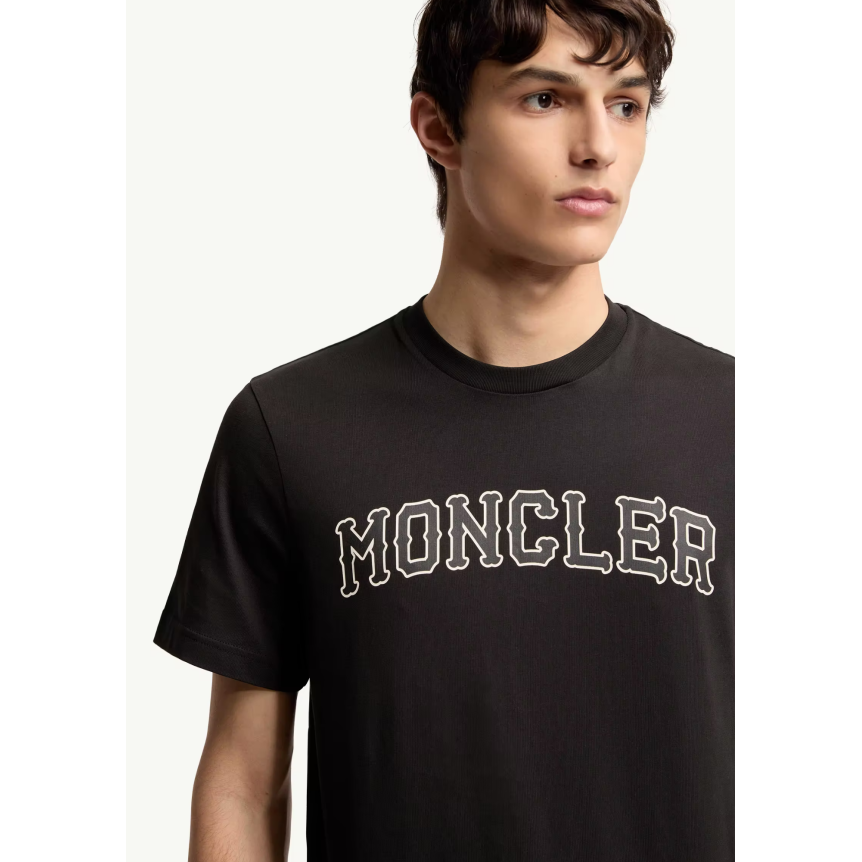 T-shirt col rond MONCLER en coton noir broderie logo écru
