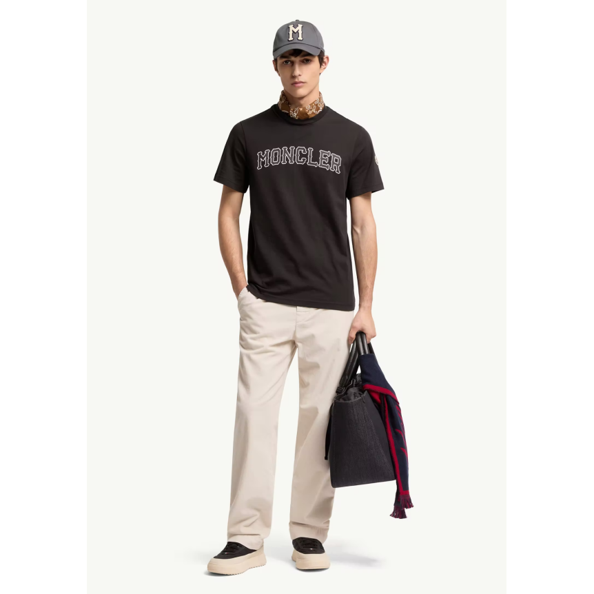T-shirt col rond MONCLER en coton noir broderie logo écru