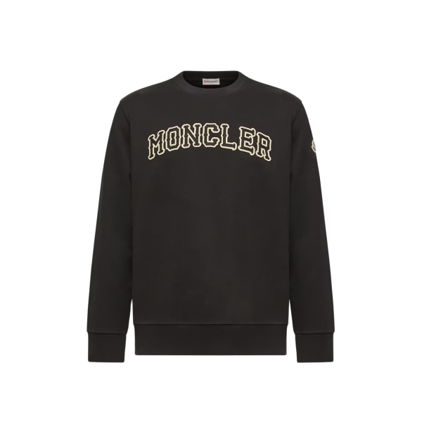 Sweat shirt col rond MONCLER en coton noir avec broderie logo écru