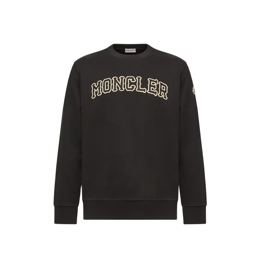 Sweat shirt col rond MONCLER en coton noir avec broderie logo écru