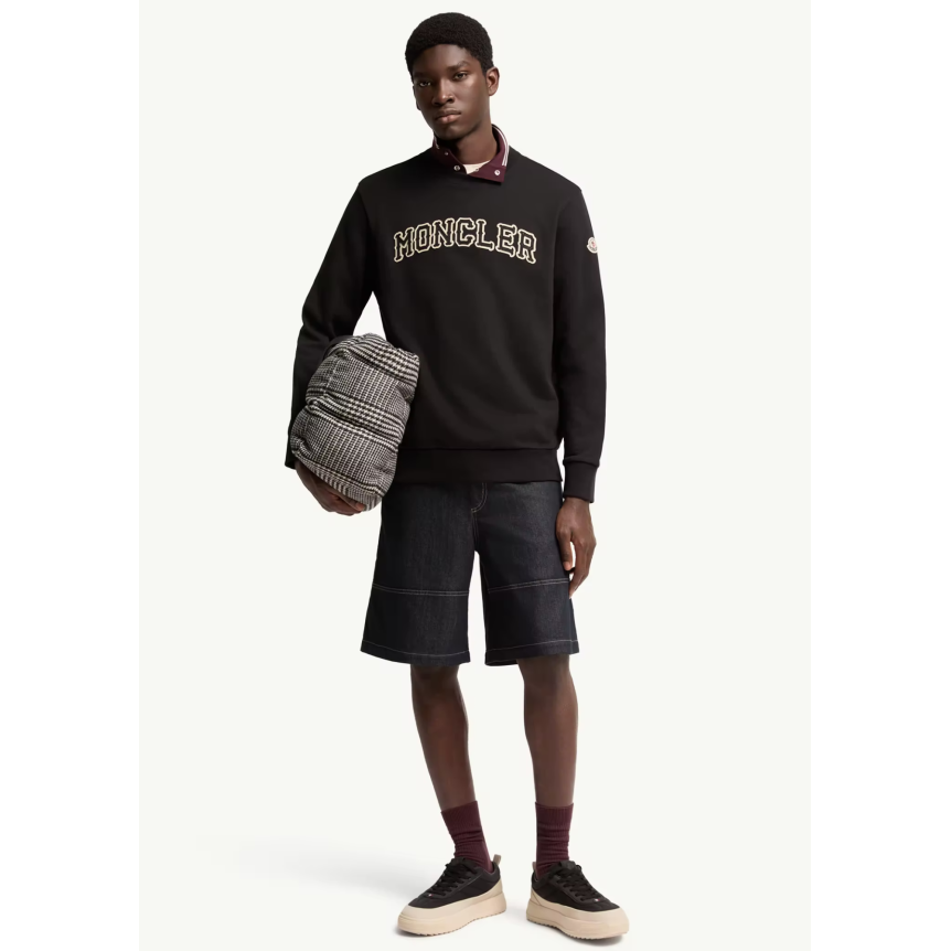 Sweat shirt col rond MONCLER en coton noir avec broderie logo écru