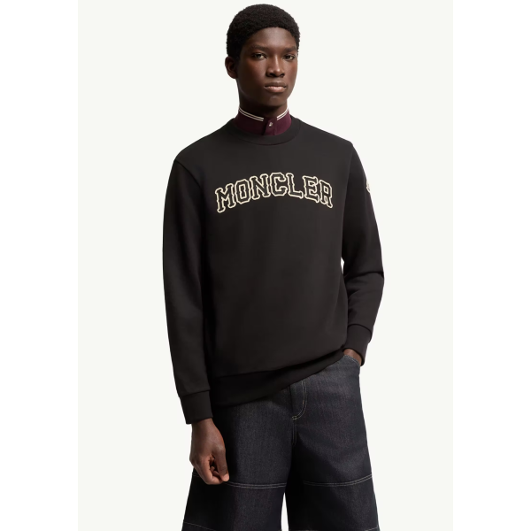 Sweat shirt col rond MONCLER en coton noir avec broderie logo écru