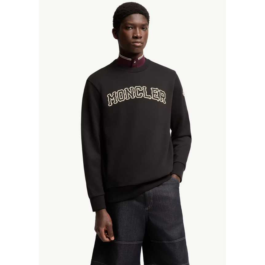 Sweat shirt col rond MONCLER en coton noir avec broderie logo écru