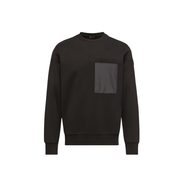 Sweat shirt col rond MONCLER en en molleton de coton noir poche poitrine nylon logo embossé