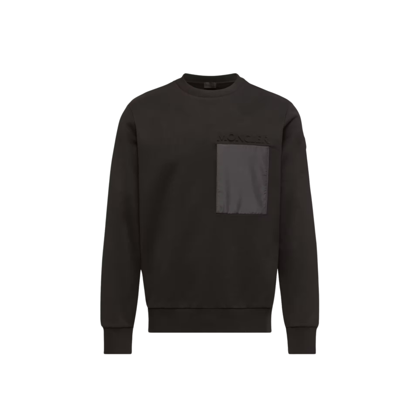 Sweat shirt col rond MONCLER en en molleton de coton noir poche poitrine nylon logo embossé