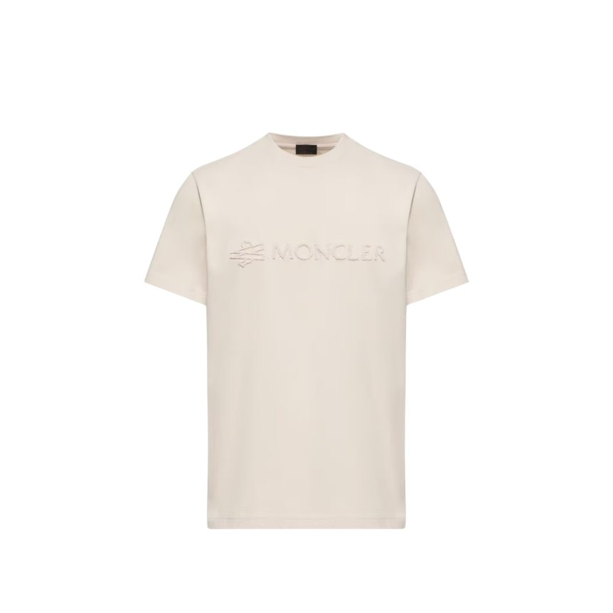 T-shirt col rond MONCLER coton beige logo éponge ton sur ton