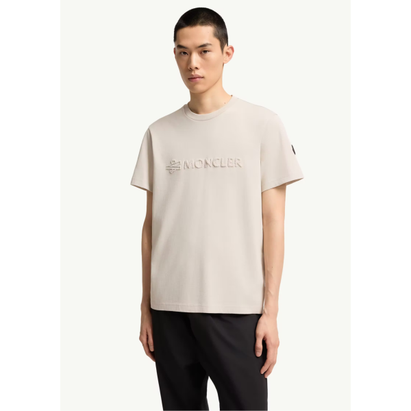 T-shirt col rond MONCLER coton beige logo éponge ton sur ton