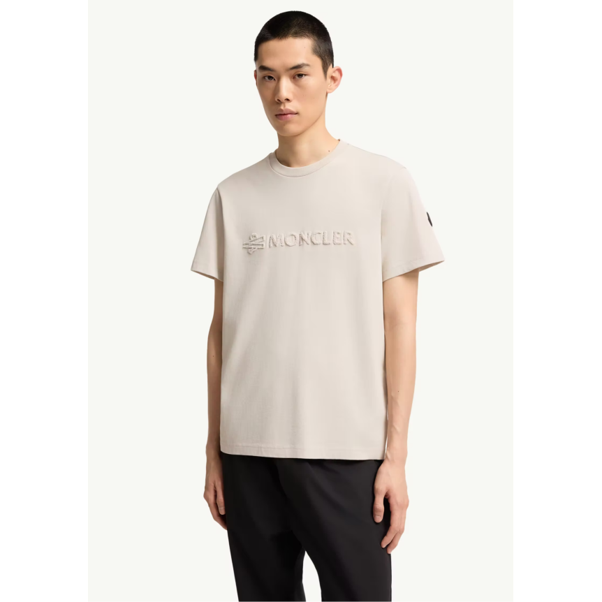 T-shirt col rond MONCLER coton beige logo éponge ton sur ton